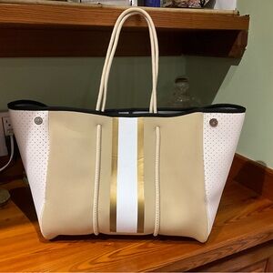 Elegant Tan and White Tote Bag with Gold Accents